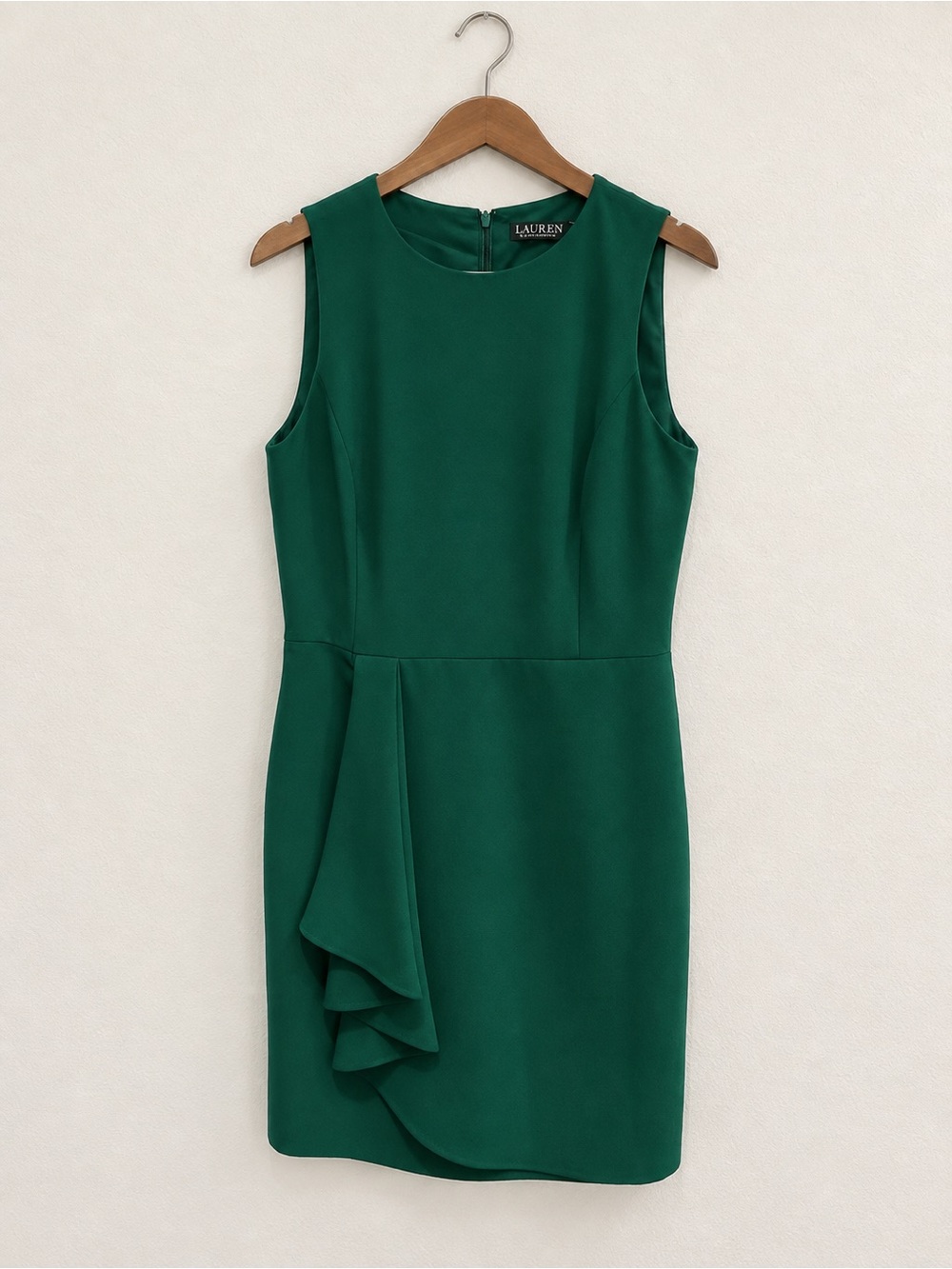 Ralph Lauren Green Sleeveless Sheath Dress with Draped Ruffle